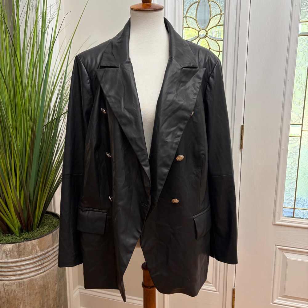 Ella Rafaella Black Faux Leather Double Breasted Blazer Silver Crest Buttons 2X